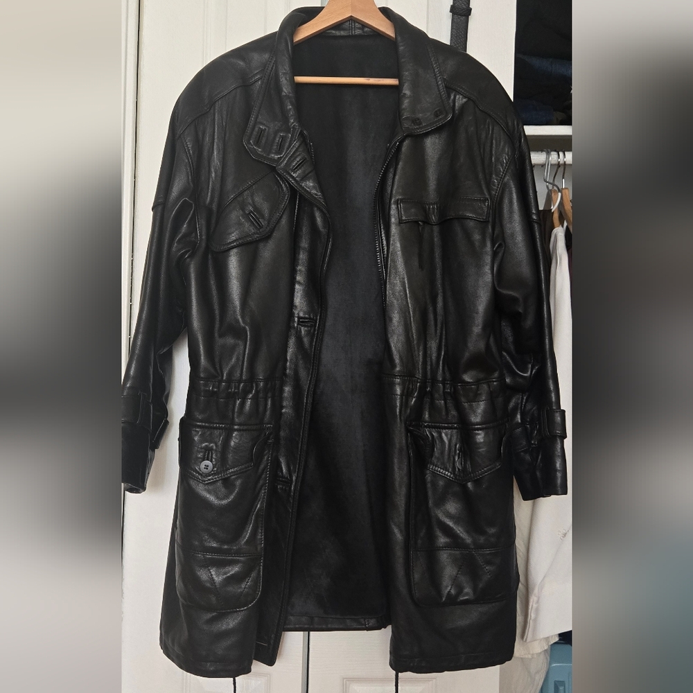 Vintage Black Long Leather Coat